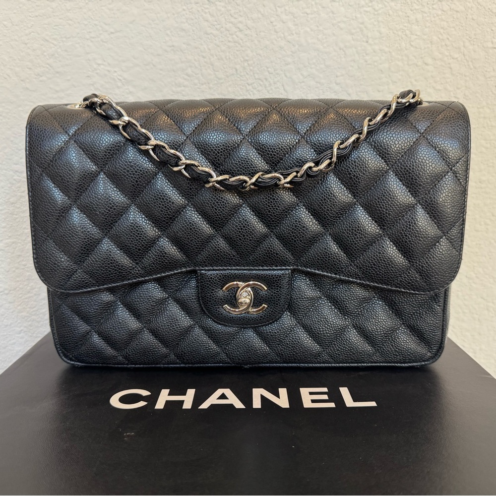 Chanel Black Caviar SHW Large Jumbo Quilted Double Flap Bag